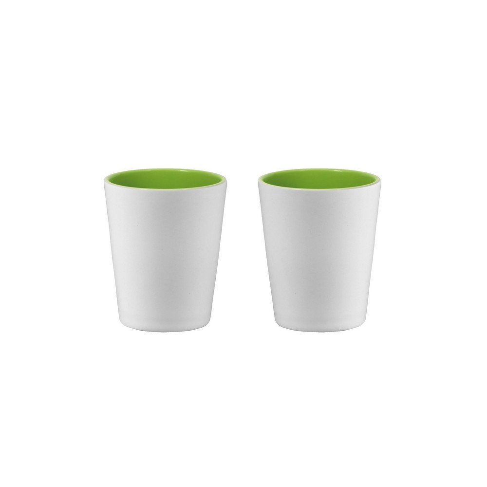 2 Oz. Two Tone Ceramic Shot Glass WhiteLimeGreenPMS2300c Blank