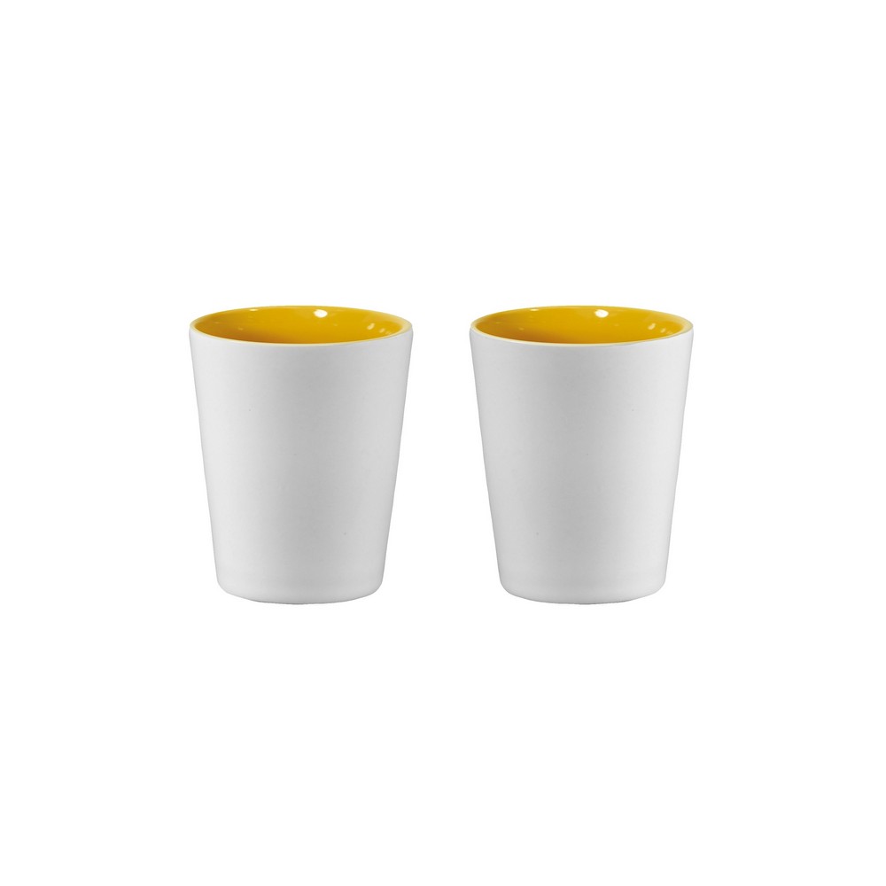 2 Oz. Two Tone Ceramic Shot Glass WhiteYellowPMS142c Blank