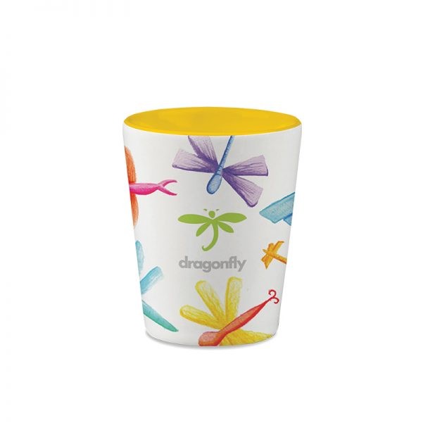 2 Oz. Two Tone Ceramic Shot Glass WhiteYellowPMS142c Logo